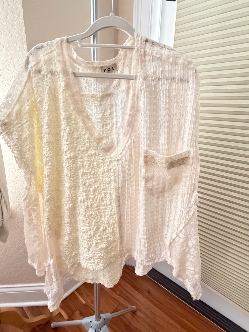 POL Cream Textured V-Neck Pocket Tunic